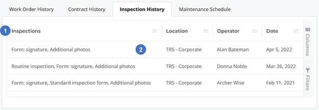 Asset Details Page - Inspection History Tab Numbered