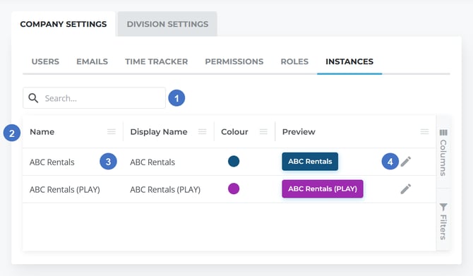 Company Settings - Instances NUMBERED