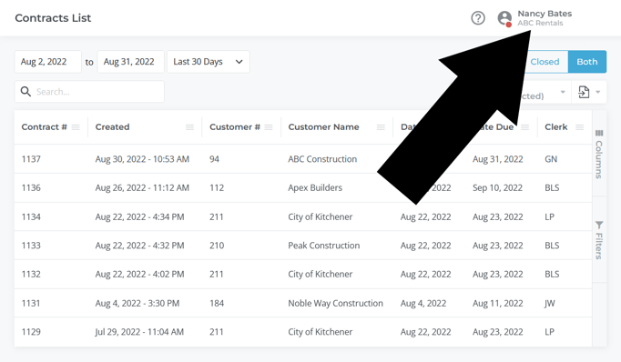 Contracts List Page USER MENU HIGHLIGHT
