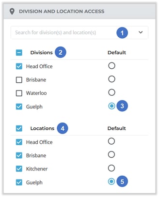 Create User - Division and Location Access Panel NUMBERED