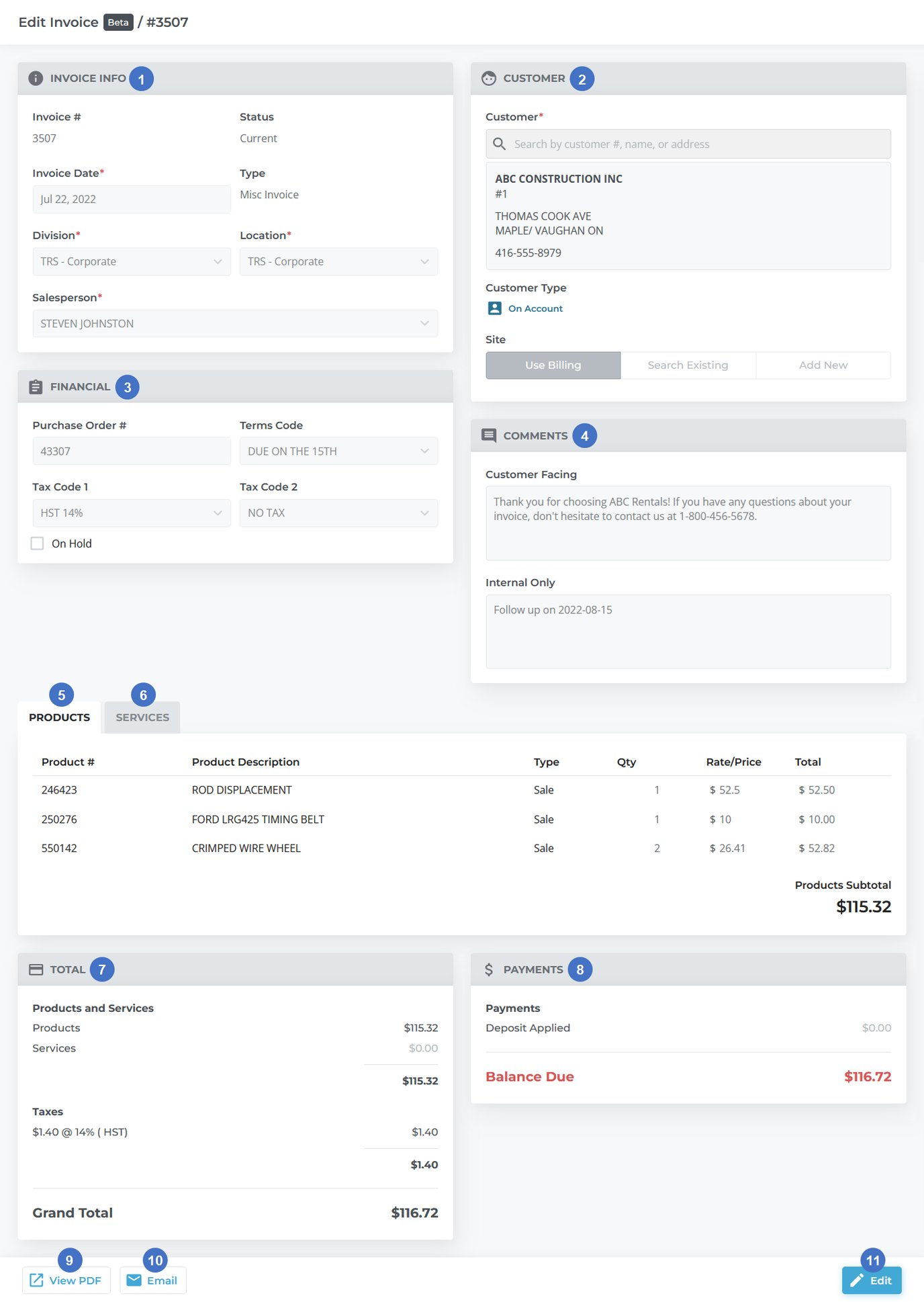 View, Edit, Email and Print an Invoice in Texada Web