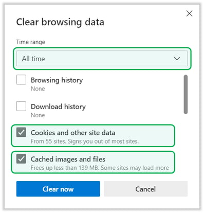 Microsoft Edge - clear browsing data window HIGHLIGHT