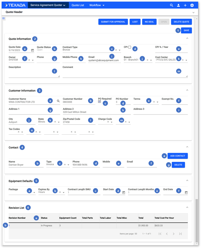 Quote Details Page - Quote Header NUMBERED NARROWER