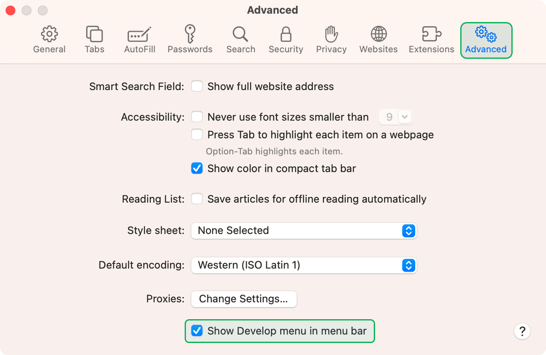 Safari - settings - advanced tab no corners HIGHLIGHT