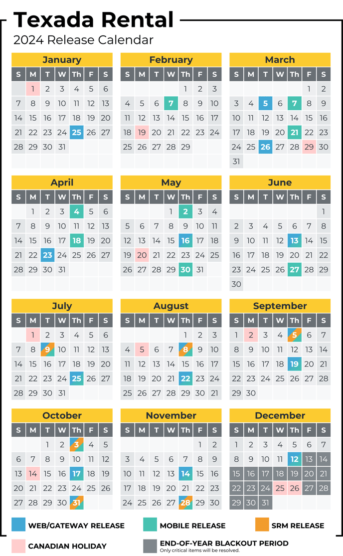 Texada Rental 2024 Release Calendar